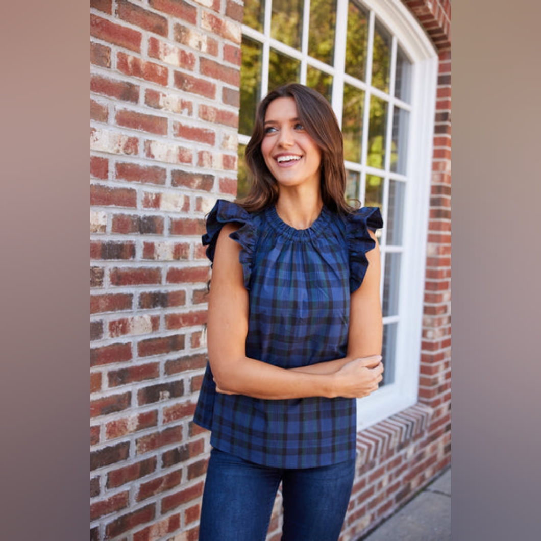 Sail To Sable Navy And Green Plaid Ruffle Sleeve Blouse
